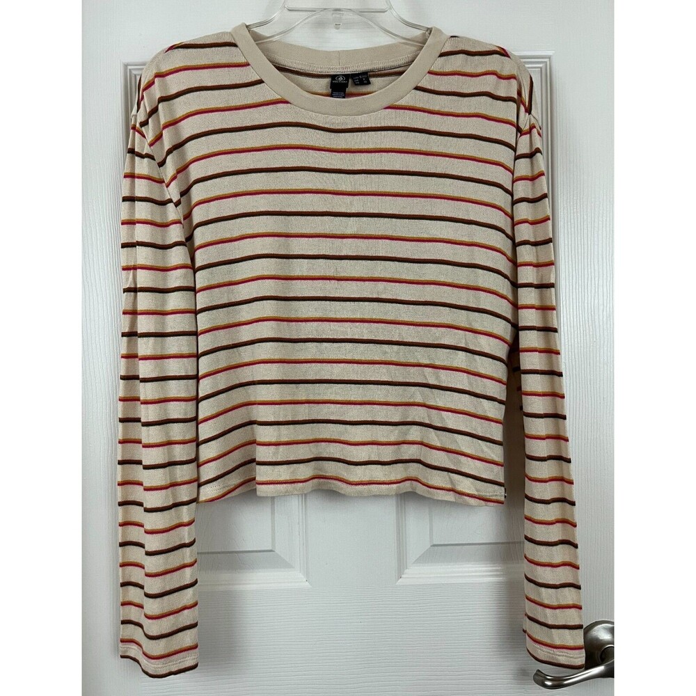 VOLCOM - Beige Multi Stripe Long Sleeve Loose Fit Cropped Viscose Sweater sz 10